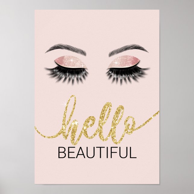 Hello Beautiful Lashes Gold Typography Salon Poster (Front)