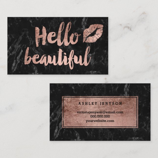 Hello beautiful lips rose gold script black marble business card (Front/Back)