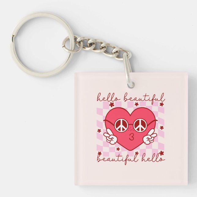 Hello Beautiful Pink Heart Key Ring (Front)