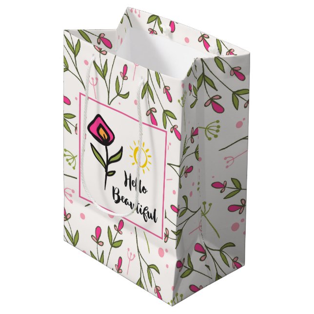Hello Beautiful Pretty Pink Orange Wildlflower Medium Gift Bag (Front Angled)