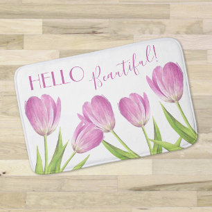 Hello beautiful Pretty pink Tulips Elegant Floral Bath Mat