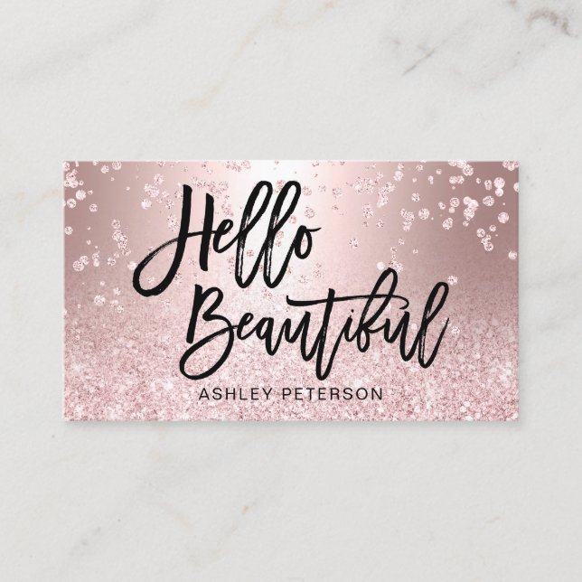 Hello beautiful rose gold glitter metal confetti business card (Front)