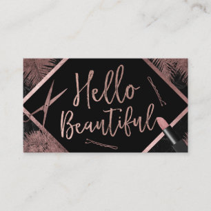 Hello Beautiful Rose Gold Script Tropical Leaves Business Card