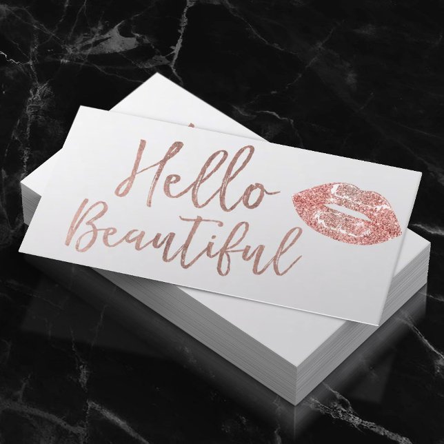 Hello Beautiful Rose Gold Typography Makeup Artist Business Card (Creator Uploaded)