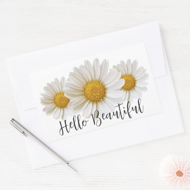 Hello Beautiful Three White Daisies Floral Rectangular Sticker (Envelope)
