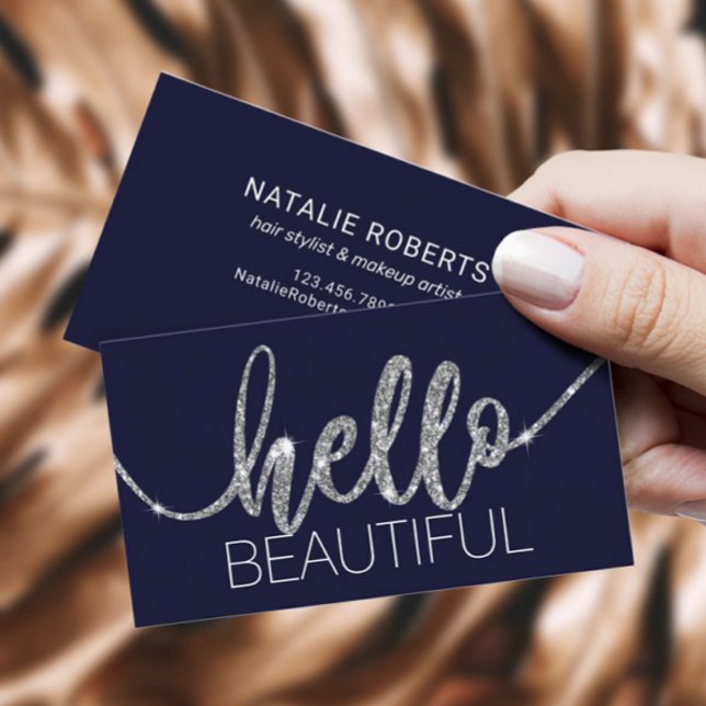 Hello Beautiful Typography Navy Blue Beauty Salon Business Card (Creator Uploaded)