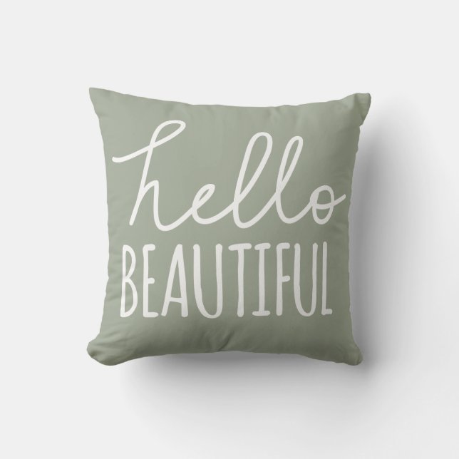 Hello Beautiful Typography Whimsical Girly Grey Cushion (Front)