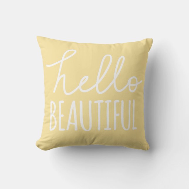 Hello Beautiful Typography Whimsical Girly Yellow Cushion (Front)