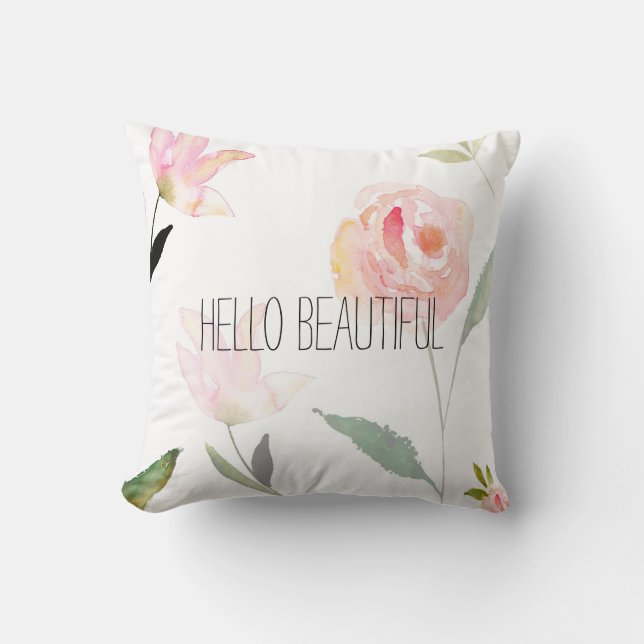 Hello Beautiful Watercolor Floral Cushion (Front)