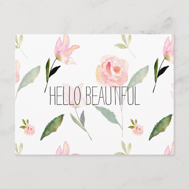 Hello Beautiful Watercolor Floral Postcard (Front)