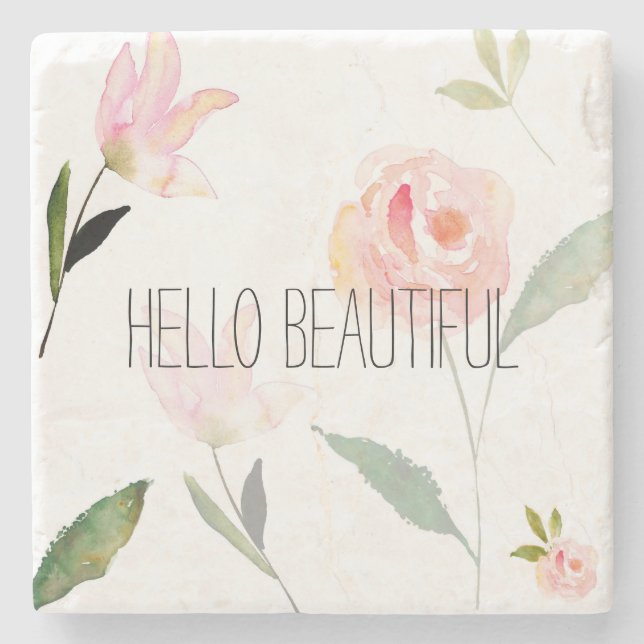 Hello Beautiful Watercolor Floral Stone Coaster (Front)