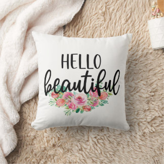 Hello Beautiful Watercolor Roses Typography Chic  Cushion
