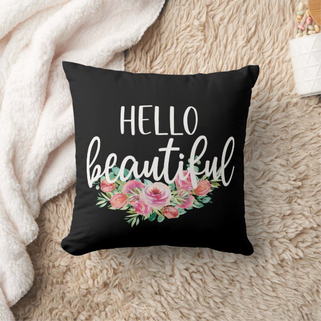 Hello Beautiful Watercolor Roses Typography Chic   Cushion (Blanket)