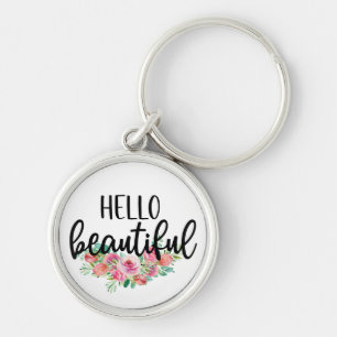 Hello Beautiful Watercolor Roses Typography Chic Key Ring