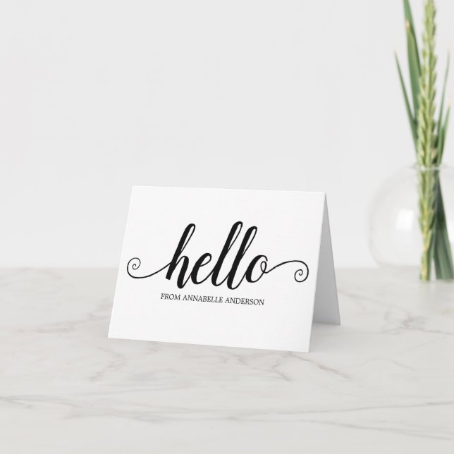 Hello Black Script Cute Modern Elegant Girly Chic Note Card (Front)