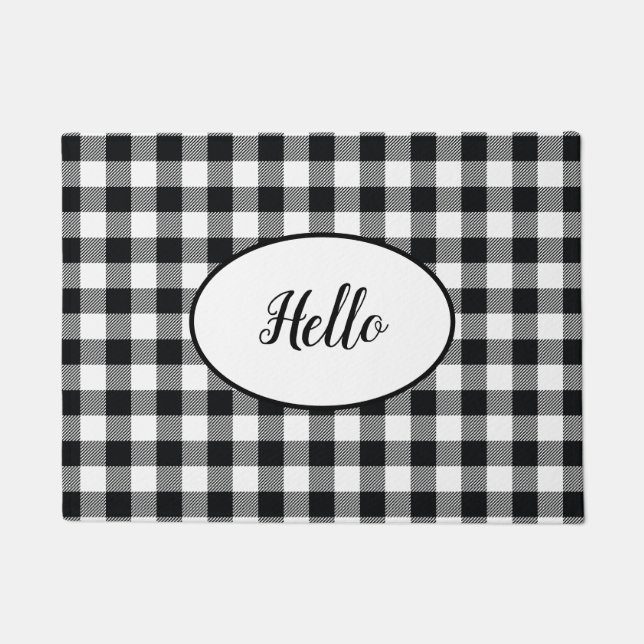 Hello Black White Buffalo Check Plaid Doormat (Front)