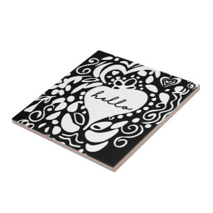 "Hello" Black & White, hearts, leaves pattern Ceramic Tile