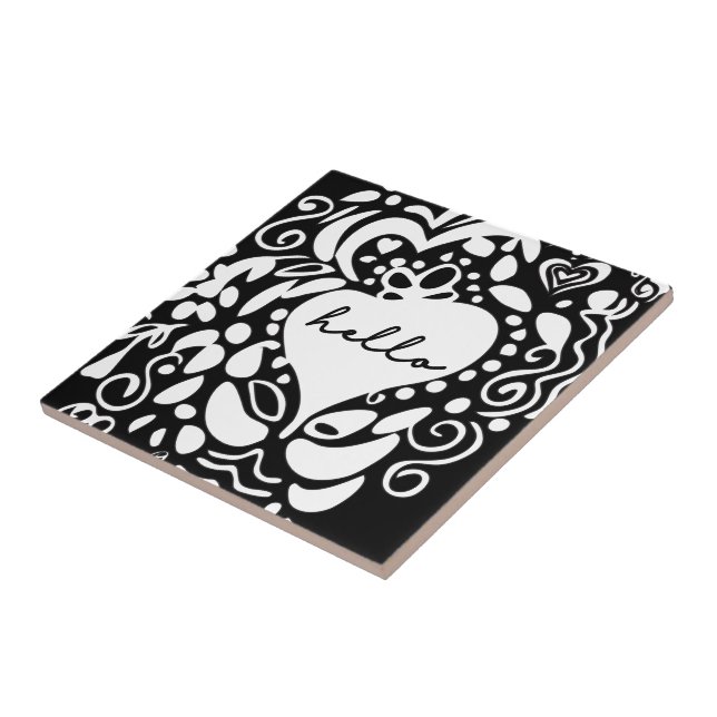 "Hello" Black & White, hearts, leaves pattern Ceramic Tile (Side)