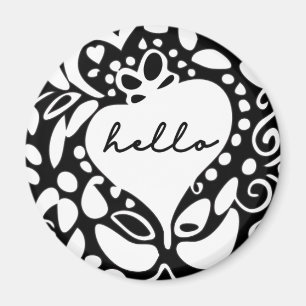 "Hello" Black & White, hearts, leaves pattern Magnet