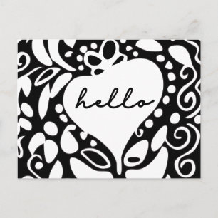 "Hello" Black & White, hearts, leaves pattern Postcard