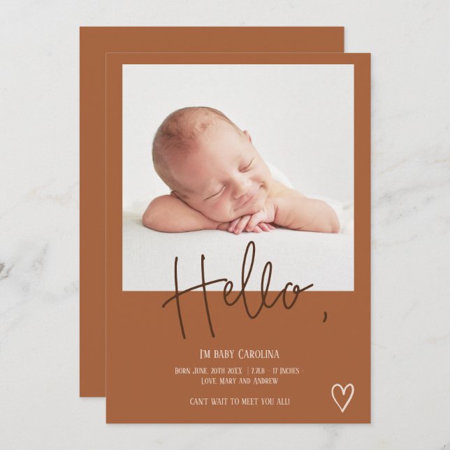 Hello boho script heart photo cute baby birth announcement (Front/Back)