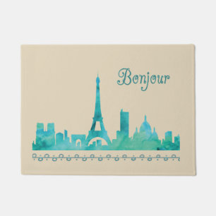 Hello Bonjour Paris France Watercolor Silhouette Doormat