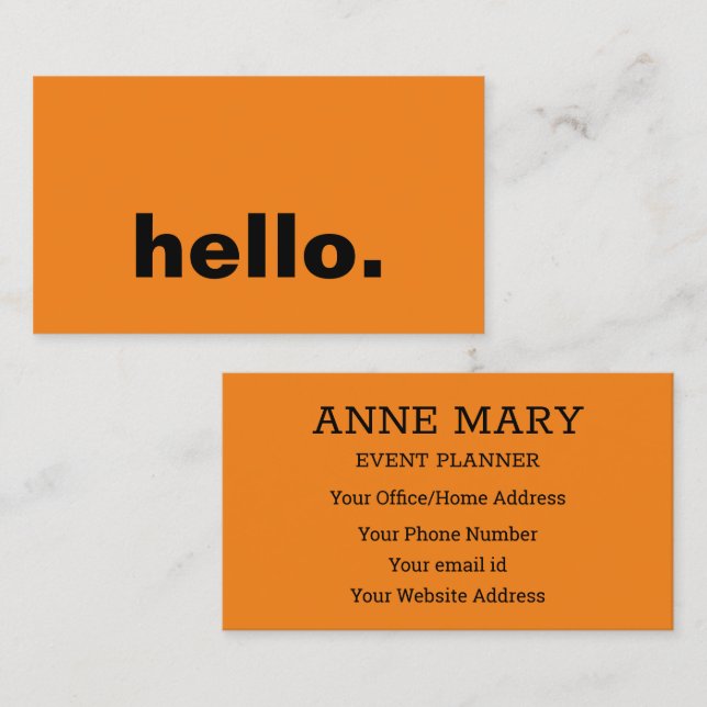 Hello Bright Colourful Typography Custom Orange Business Card (Front/Back)