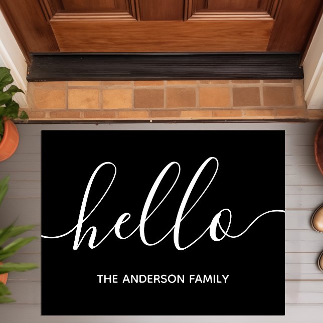 Hello Calligraphy Script Modern Black Personalised Doormat (Creator Uploaded)