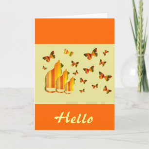 'Hello', Cats & Butterflies in orange & yellow Card