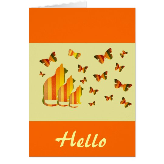 'Hello', Cats & Butterflies in orange & yellow Card