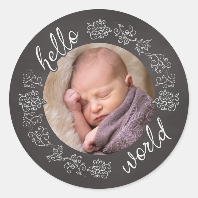 Hello Chalkboard Baby's First Personalised Photo Classic Round Sticker (Front)