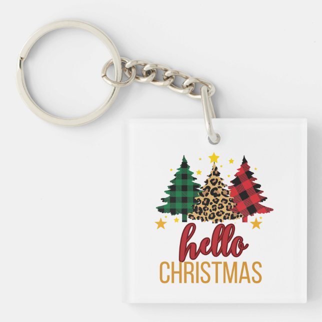 Hello christmas Leopard Print Plaid Trees keychain (Front)