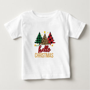 Hello Christmas Plaid Leopard Trees Custom Name  Baby T-Shirt