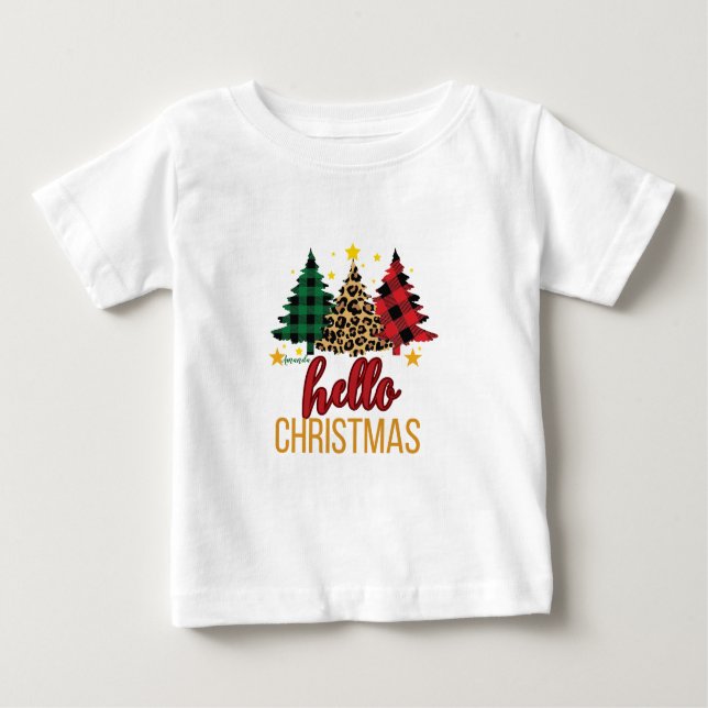 Hello Christmas Plaid Leopard Trees Custom Name  Baby T-Shirt (Front)