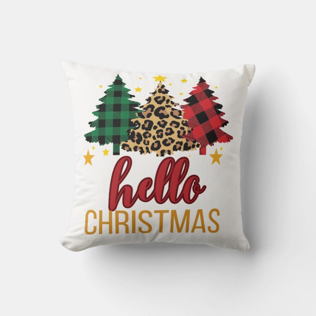 Hello Christmas with plaid trees Cushion (Front)