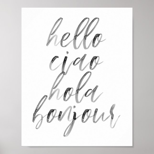 Hello Ciao Hola Bonjour Watercolor Script Poster (Front)