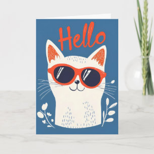 Hello Cool White Cat Holiday Card