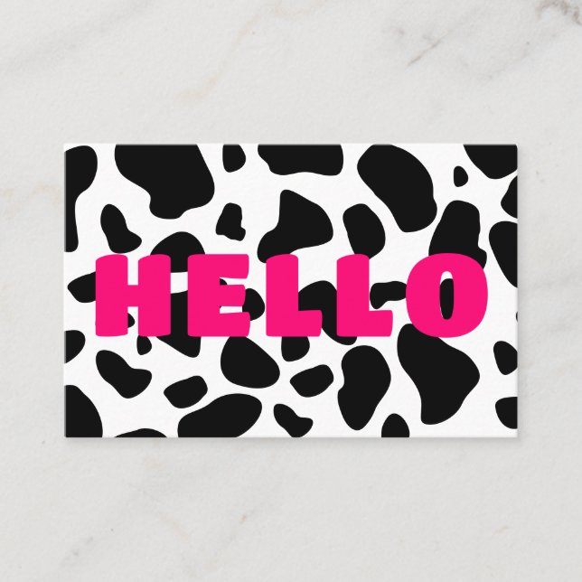 HELLO Cow Print Black White Hot Pink Business Card (Front)