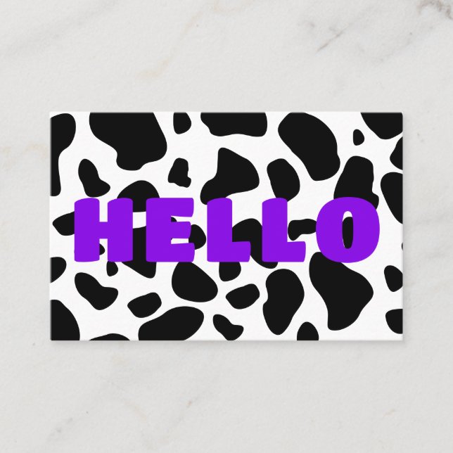 HELLO Cow Print Black White Purple Business Card (Front)