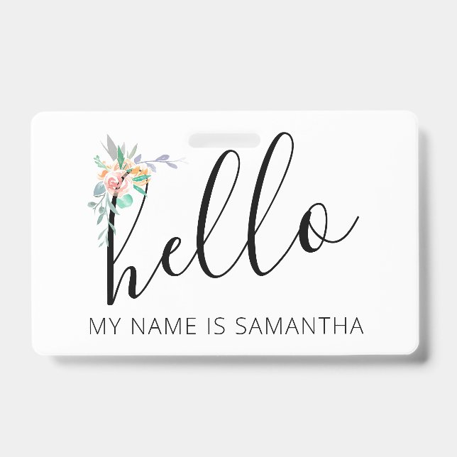 Hello Custom Name Floral Edge ID Badge (Front)
