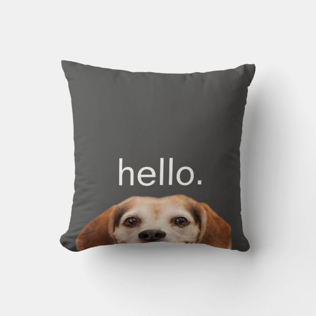 Hello Cute Funny Smiling Beagle Dog Modern Gray Cushion (Front)