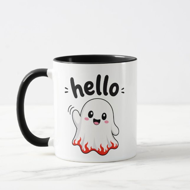 Hello Cute Ghost with Fiery Flame Border Mug (Left)