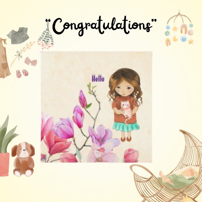  Hello, Cute Girl and Cat Card (Creator Uploaded)