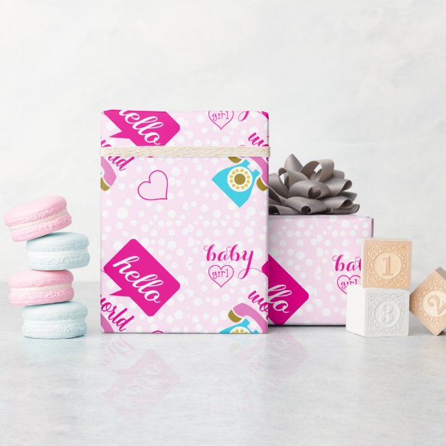 Hello Cute Pink Baby Girl or Personalise Wrapping Paper (Baby Shower)