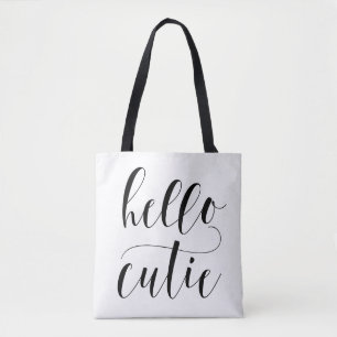 Hello Cutie Black Modern Calligraphy Polka Dots Tote Bag