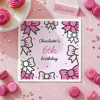 Hello Cutie Cartoon Pink Bow Birthday Party Napkin