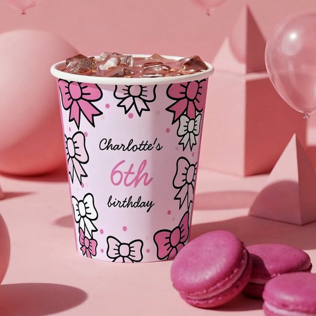 Hello Cutie Cartoon Pink Bow Birthday Party Paper Cups (Creator Uploaded)