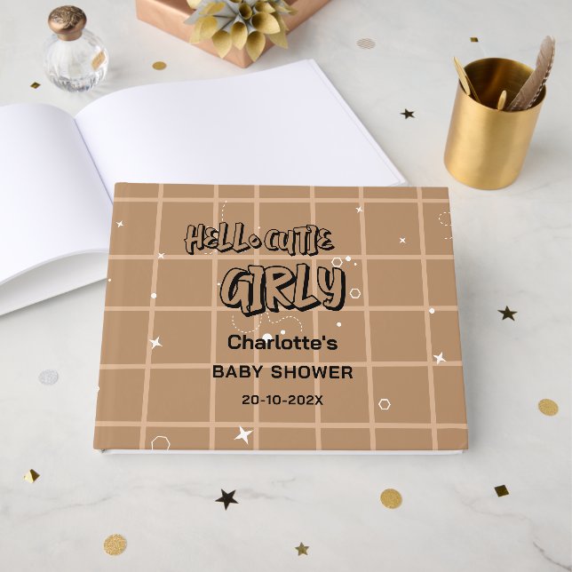 Hello Cutie Girly Cute Brown Gingham Baby Shower Guest Book (Front Open)
