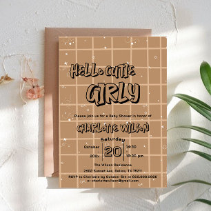 Hello Cutie Girly Cute Brown Gingham Baby Shower Invitation