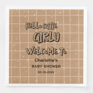 Hello Cutie Girly Cute Brown Gingham Baby Shower Napkin